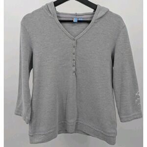 Y2K‎ Side Ways Henley Gray Layered Hem Top Hooded Size M Arm Decal Bikercore